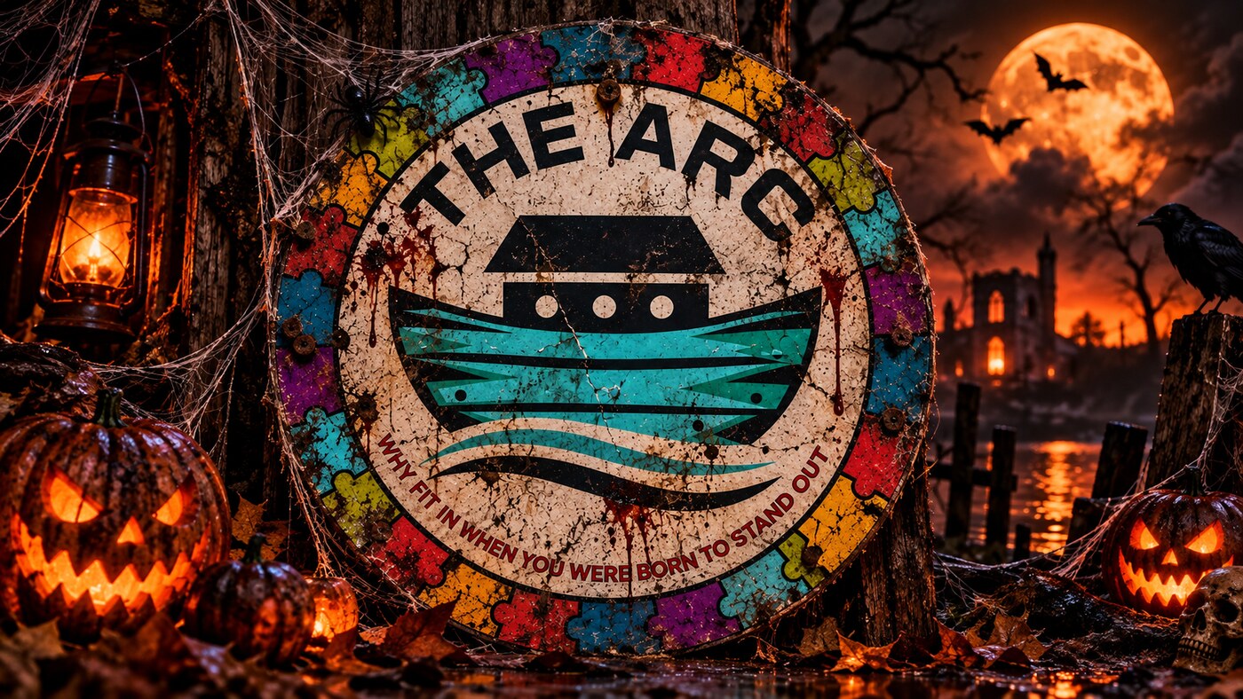 The ARC logo as a weathered Halloween sign, draped in cobwebs